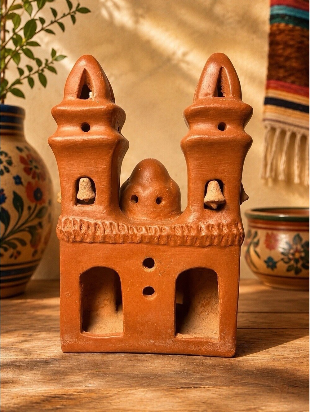 Mexican 1980s Terracotta Mission Church Candle Lantern Luminaria, 5.5x8.5”